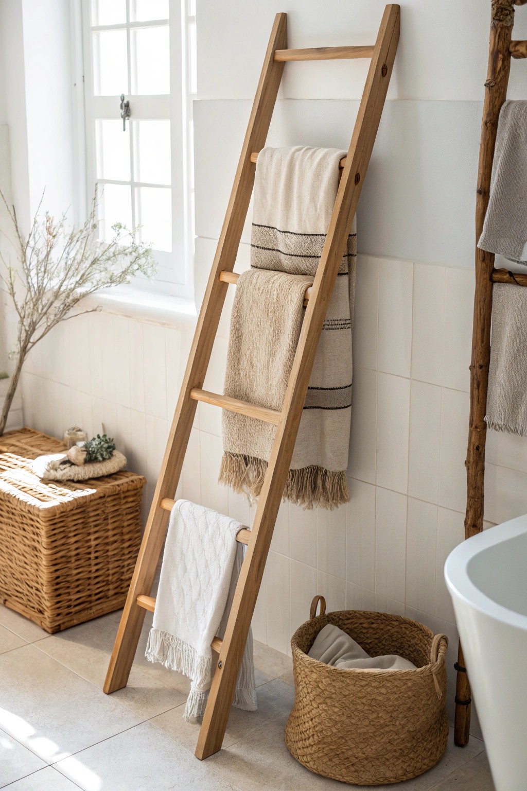 Elevate your small bathroom with a minimalist ladder rack—simple storage meets sculptural style.