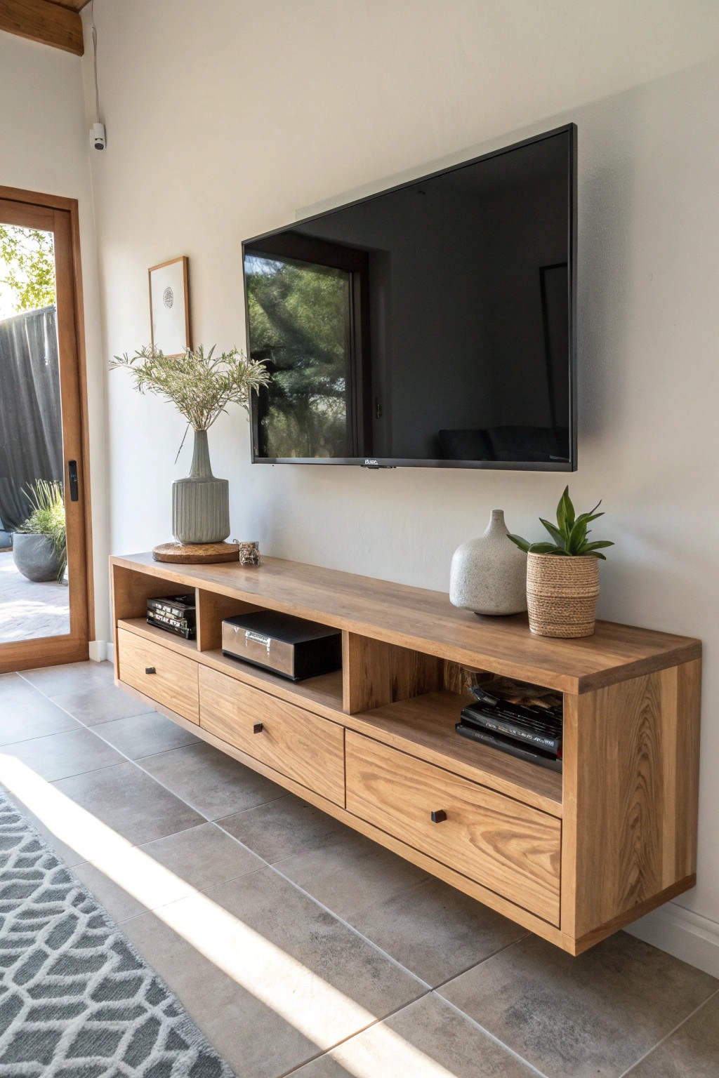 Elevate your small living room with a floating console—where simplicity meets craftsmanship.