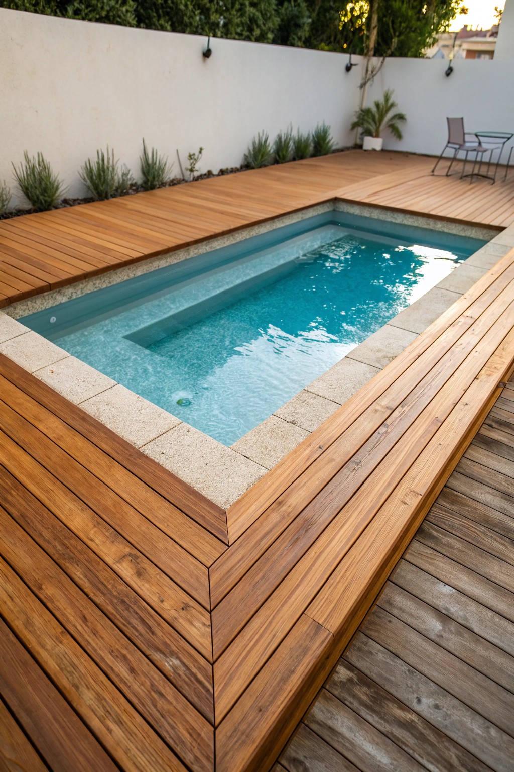 Embrace warmth and style with a cedar-wrapped small pool oasis.