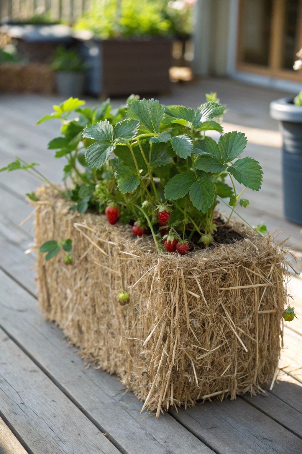Grow sweet strawberries in a charming straw bale planter—simple, rustic, and beautiful.