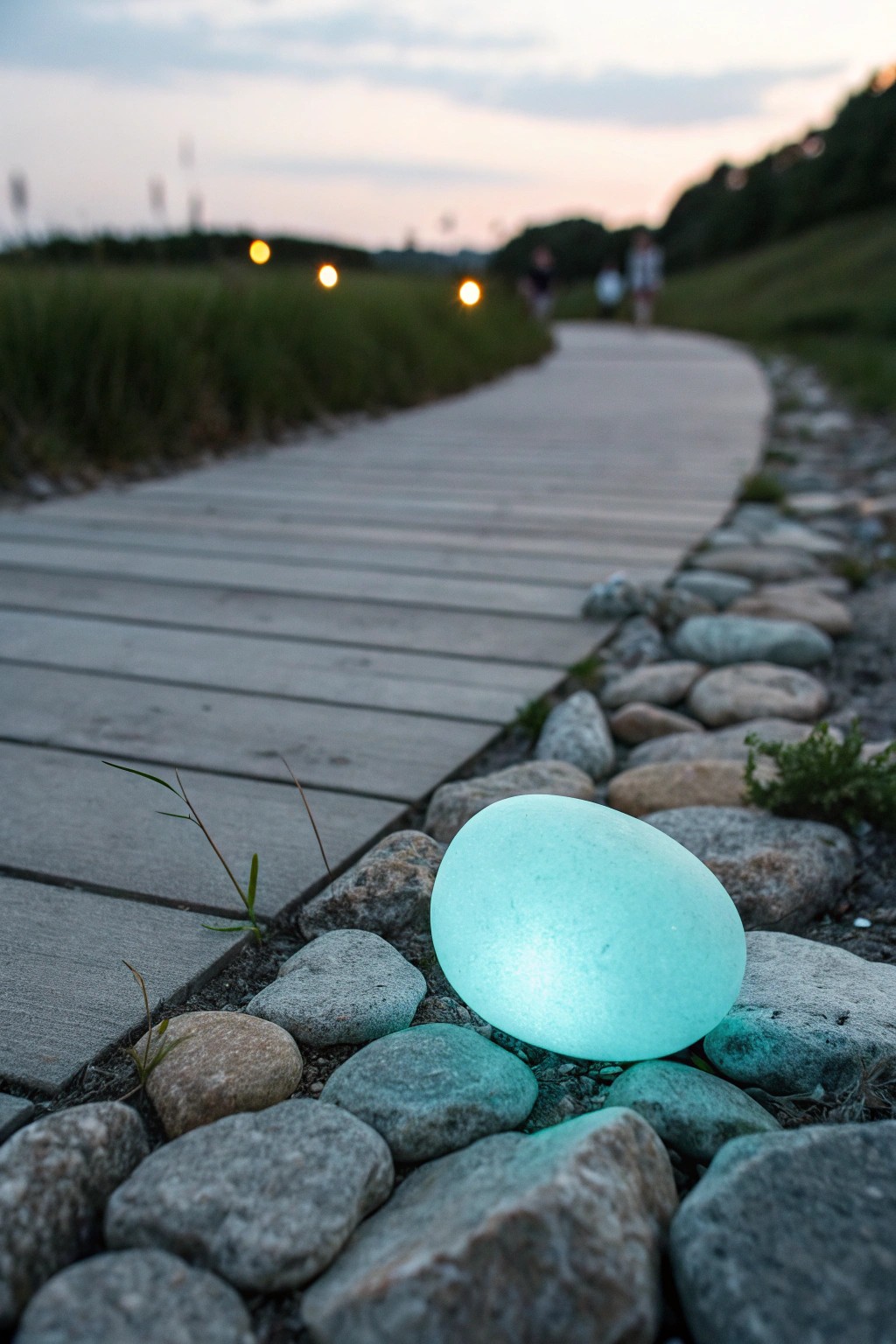 A single glow-in-the-dark pebble brings magical charm to a simple walkway.