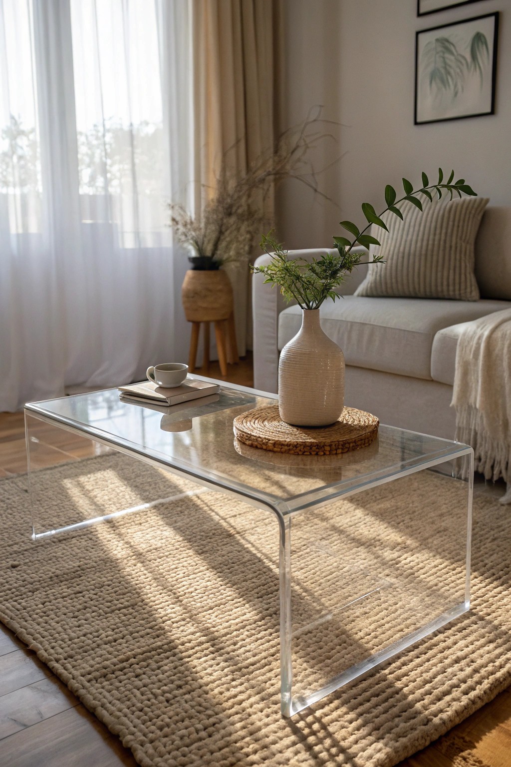 Elevate small spaces with a clear acrylic coffee table—beauty that lets your living room breathe.
