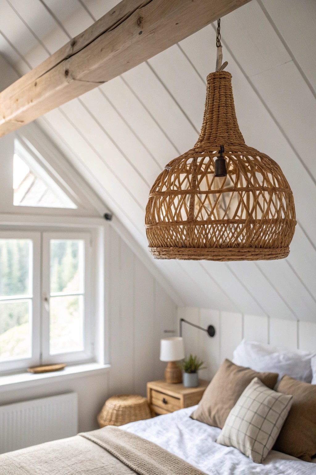 Elevate your attic bedroom with a sculptural statement light for natural charm and timeless style.