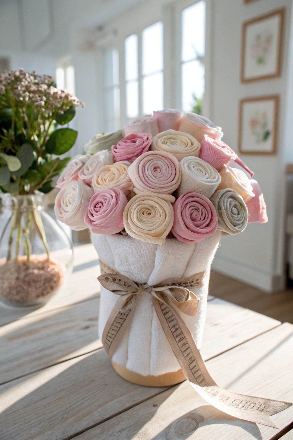 A bouquet of cozy onesies—thoughtful, charming, and beautifully crafted for a memorable baby shower gift.