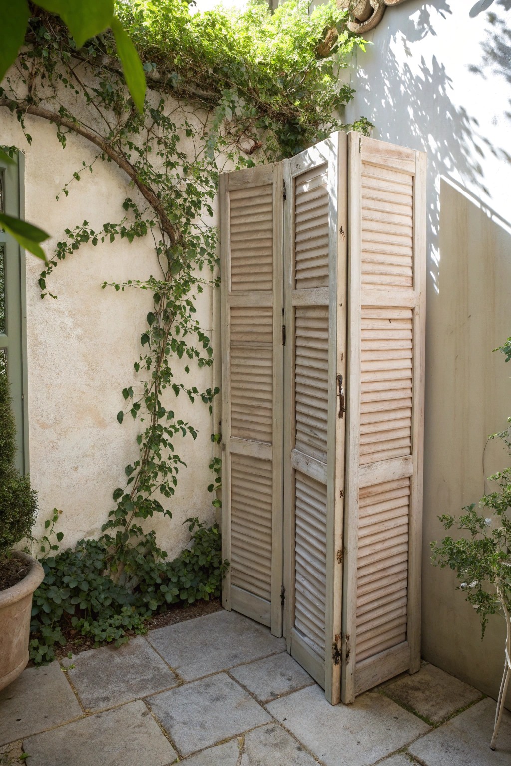 Charming DIY privacy screen: vintage shutters meet climbing vines for a cozy backyard retreat.
