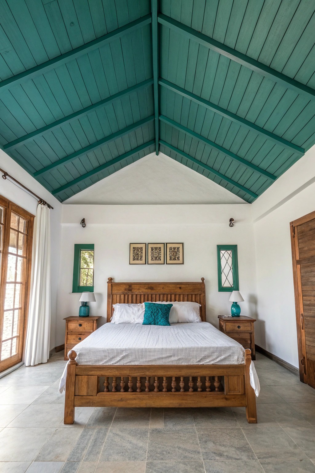 Look up: a stunning ceiling accent transforms this simple bedroom into a cozy retreat.