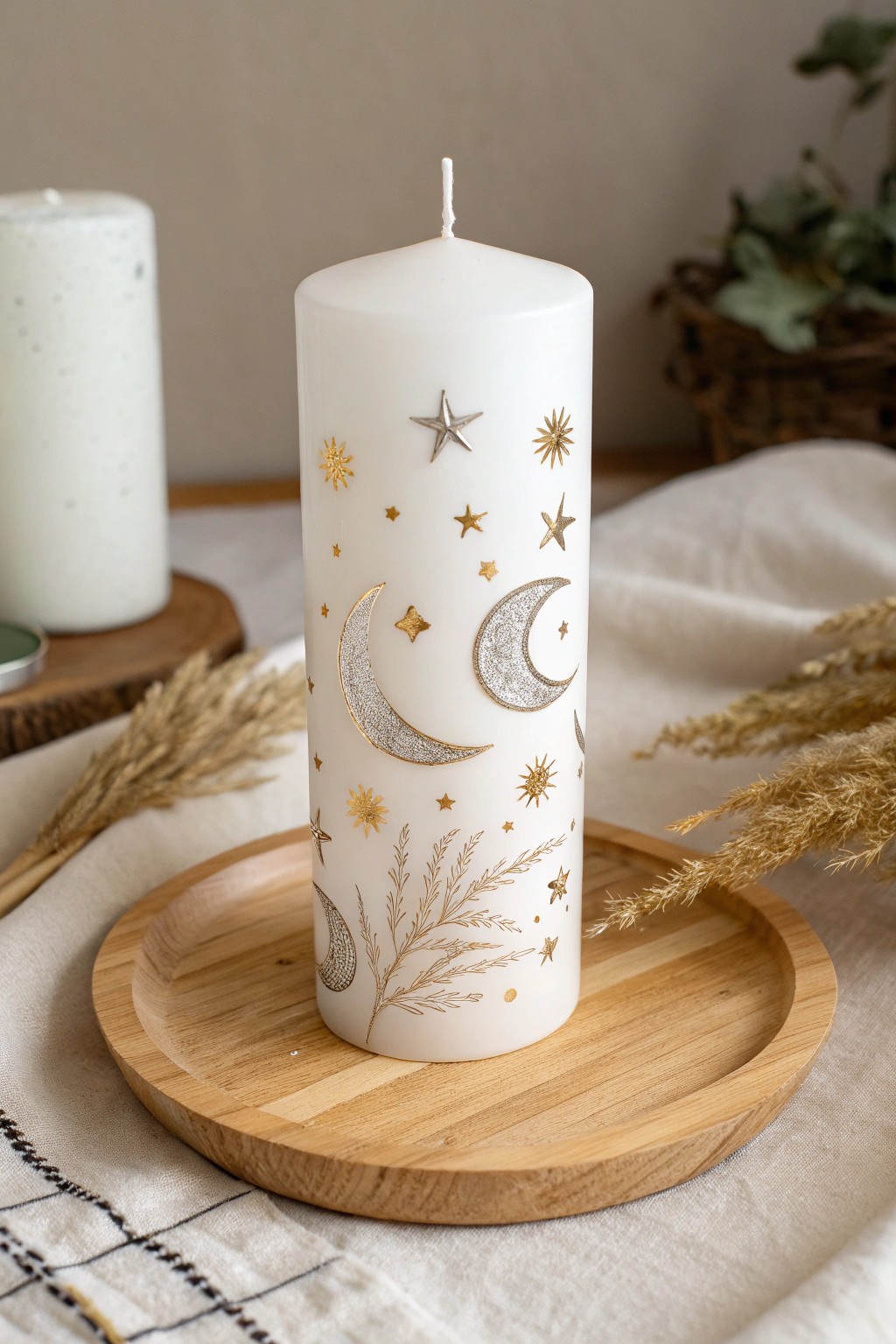Hand-painted celestial candle: dreamy moons and stars for your self-care rituals.