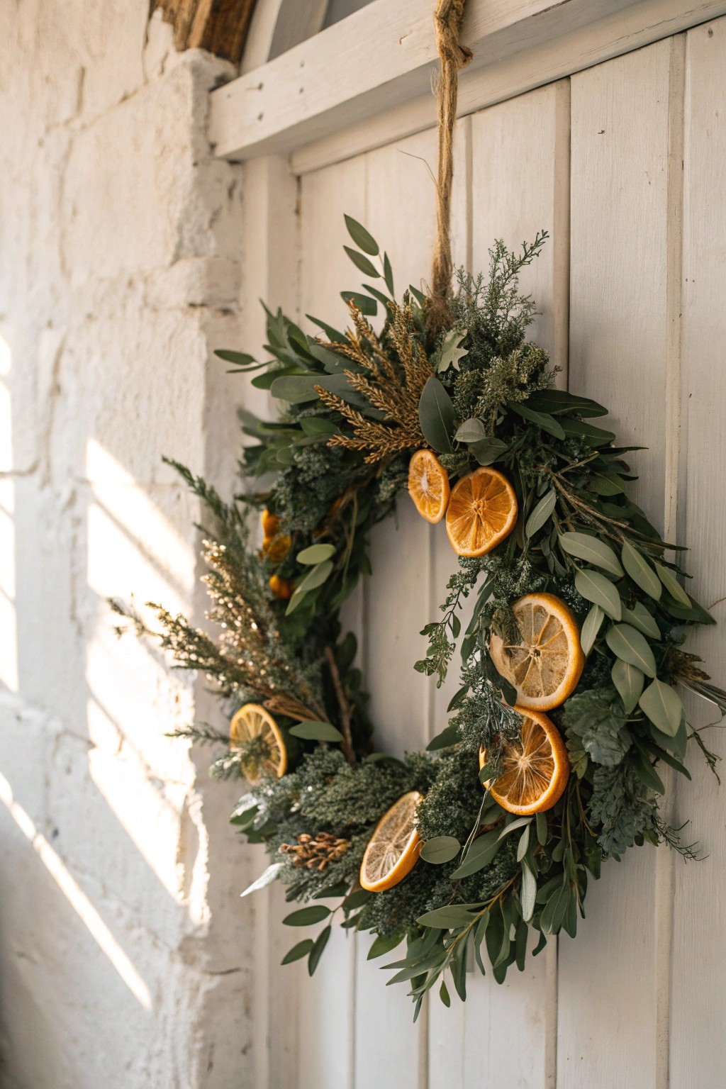 Fresh eucalyptus and dried citrus: a simple, stunning wreath for a naturally festive touch.