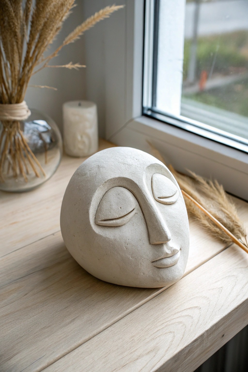 Minimalist clay face sculpture – a touch of modern art for your shelf.