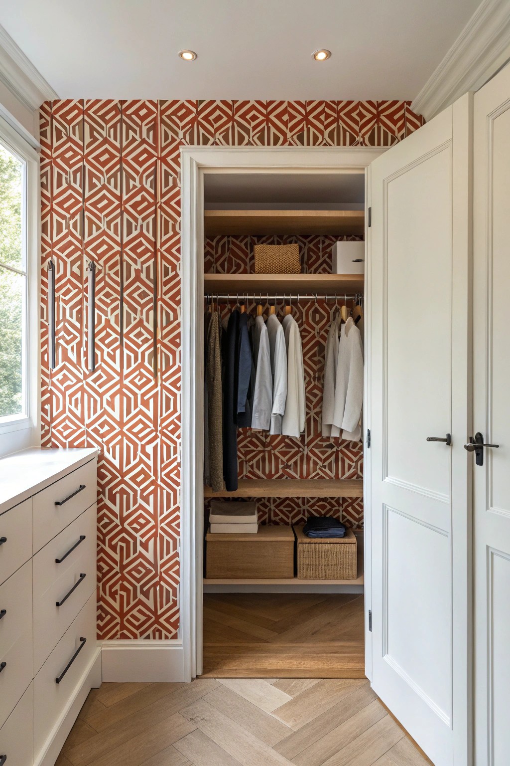 Transform your closet with a bold wallpaper accent for a touch of everyday joy.