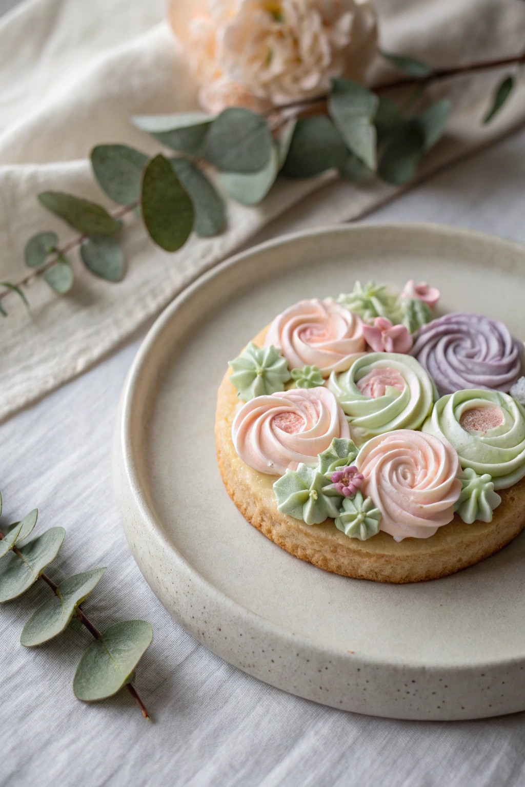 Soft pastel buttercream swirls bring dreamy texture to minimalist cookies.
