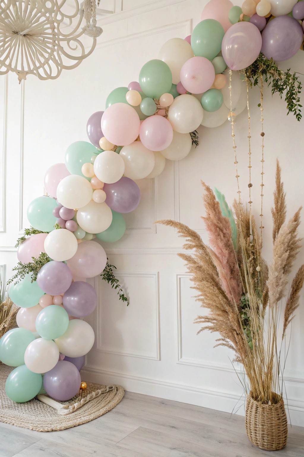 Elevate your celebration with a pastel balloon garland—Scandi minimalism meets boho charm.