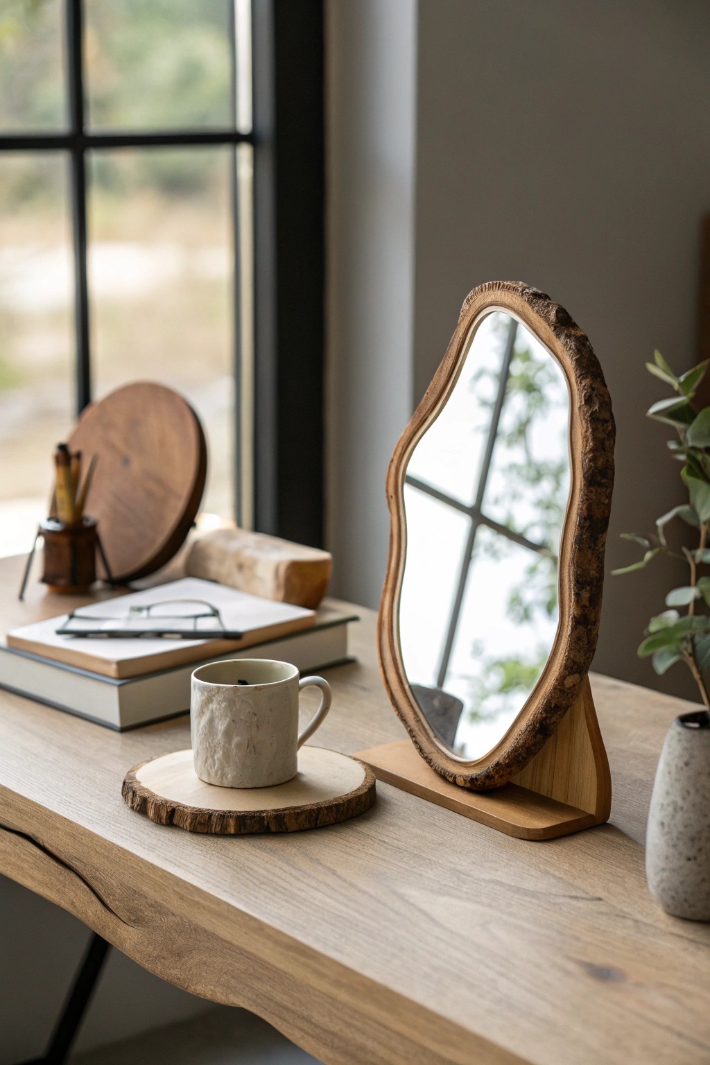 Elevate your workspace with a sculptural mini mirror—where light meets artistry.