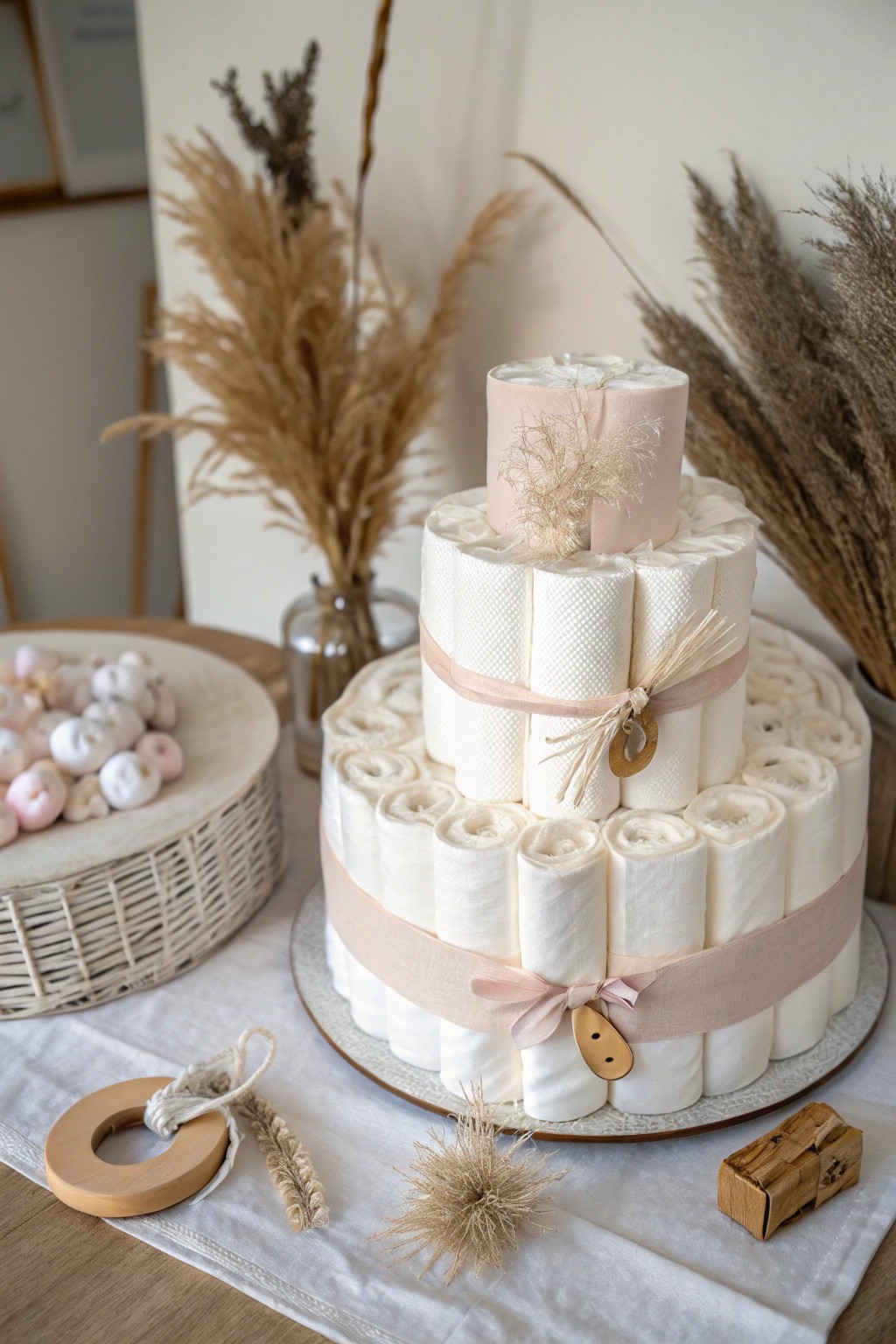 Minimalist diaper cake with a secret core—style meets smart simplicity.