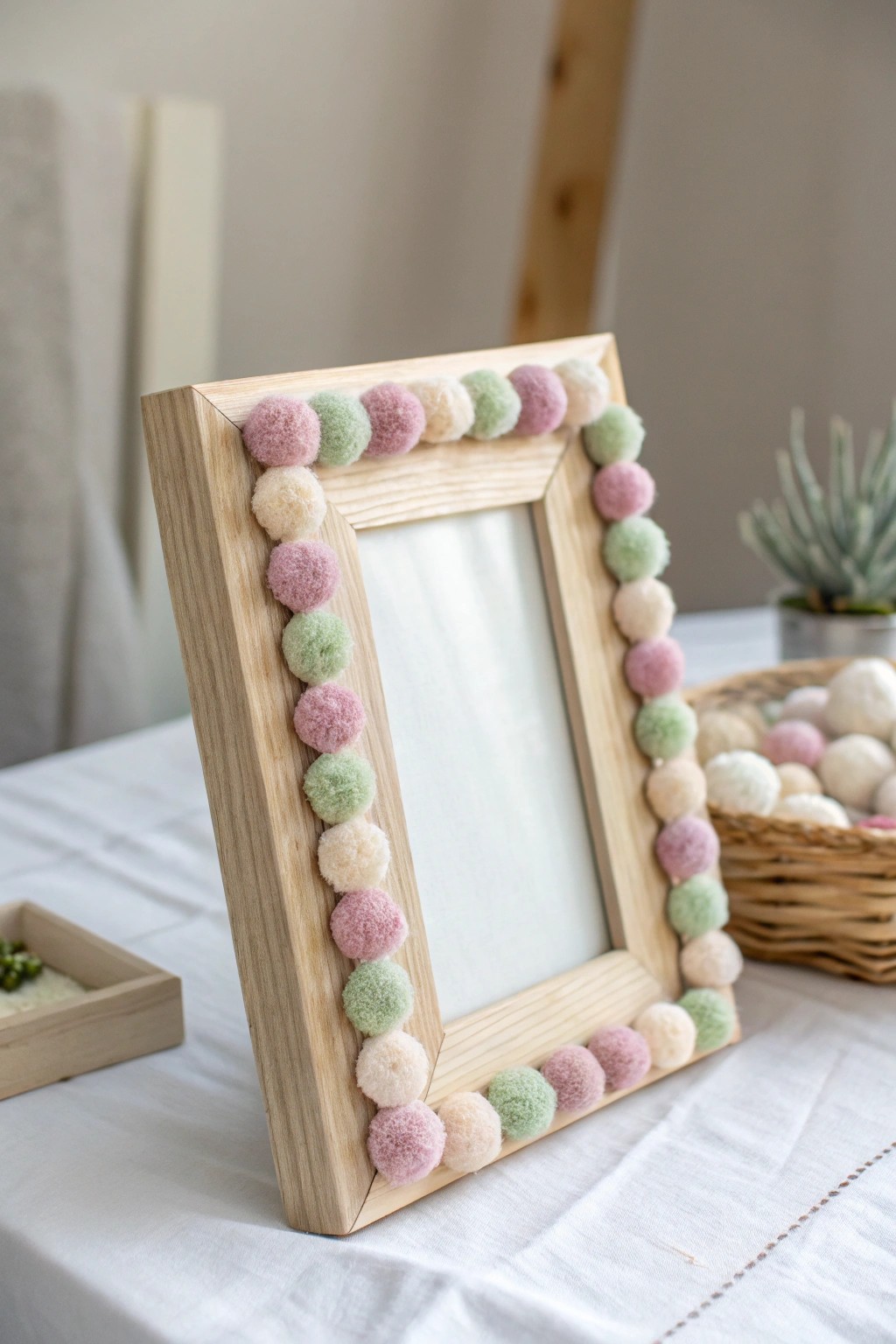 Bring playful charm to your space with a handcrafted pom pom picture frame.