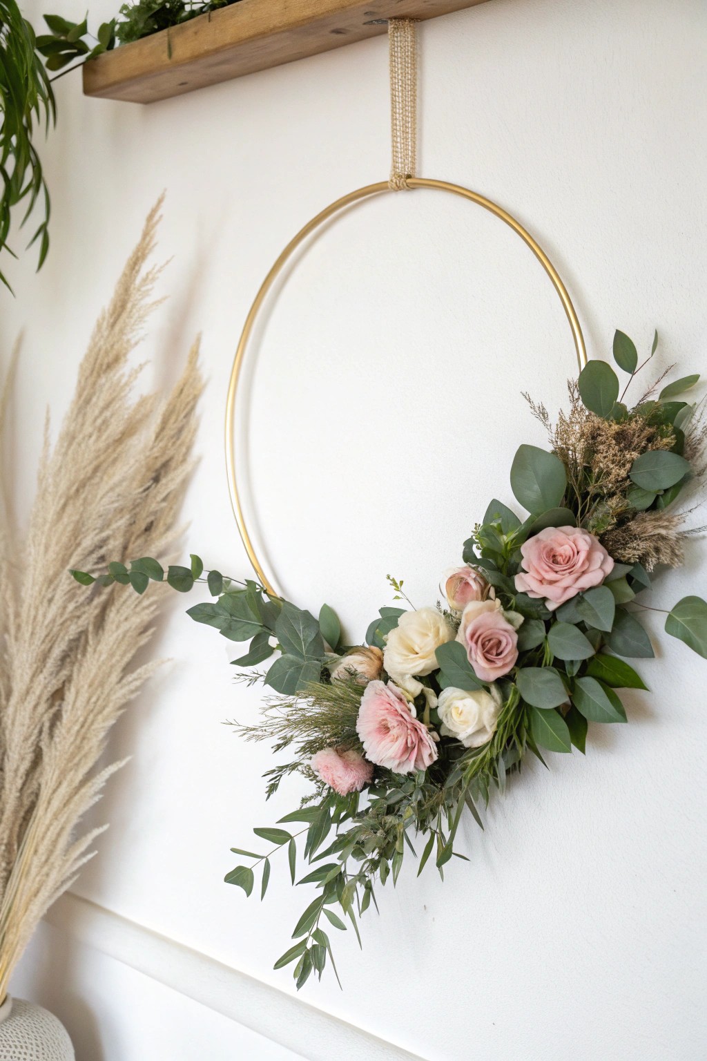 Effortless elegance: A modern asymmetrical wreath for chic, handcrafted décor.