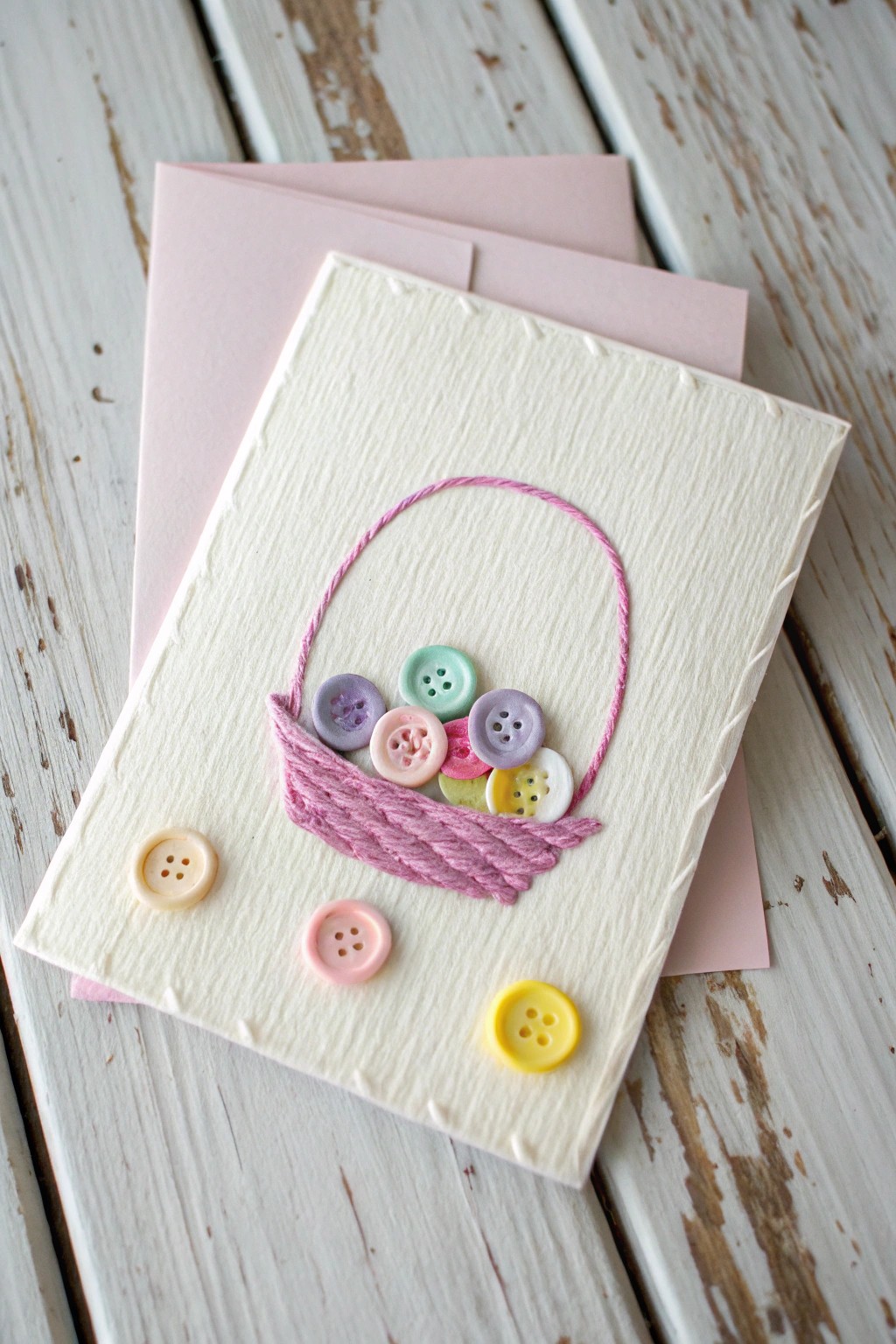 Handcrafted charm: A minimalist Easter card adorned with pastel buttons and yarn.