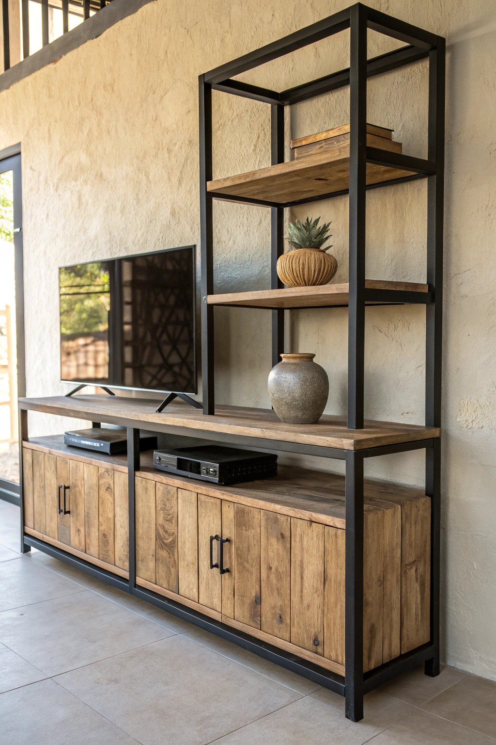 Industrial elegance: where raw wood meets sleek metal for timeless urban style.