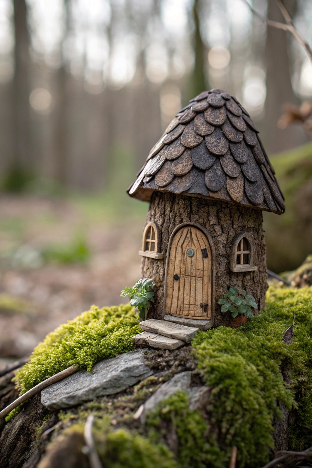 Rustic charm: a handcrafted bark-sided fairy lodge nestled in the garden.