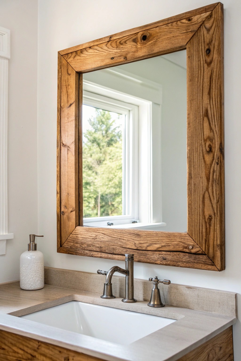 Elevate your farmhouse bathroom with a stunning wood-framed statement mirror.