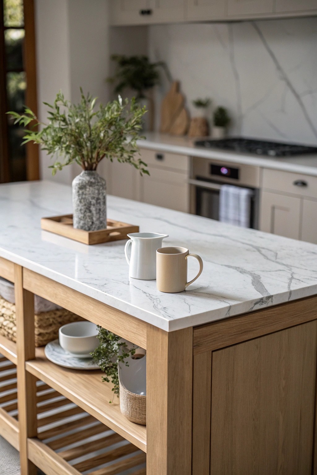 Elevate your galley kitchen with a slim marble-topped island—beauty and function in perfect harmony.
