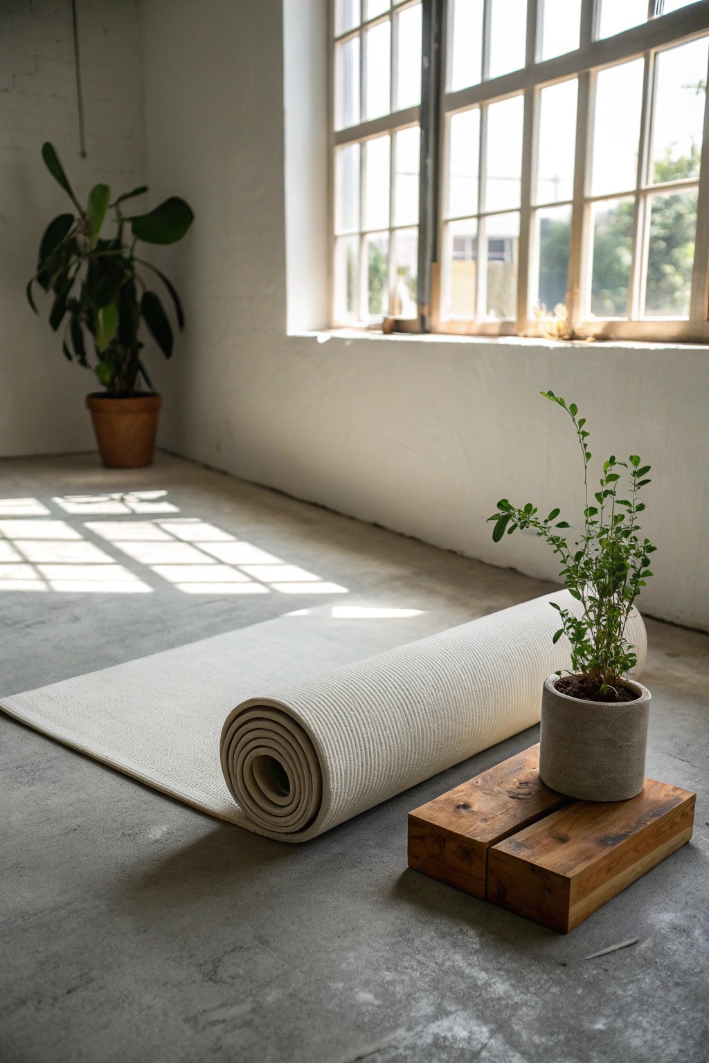 Serenity meets strength: a calming yoga nook for mindful moments in your garage gym.