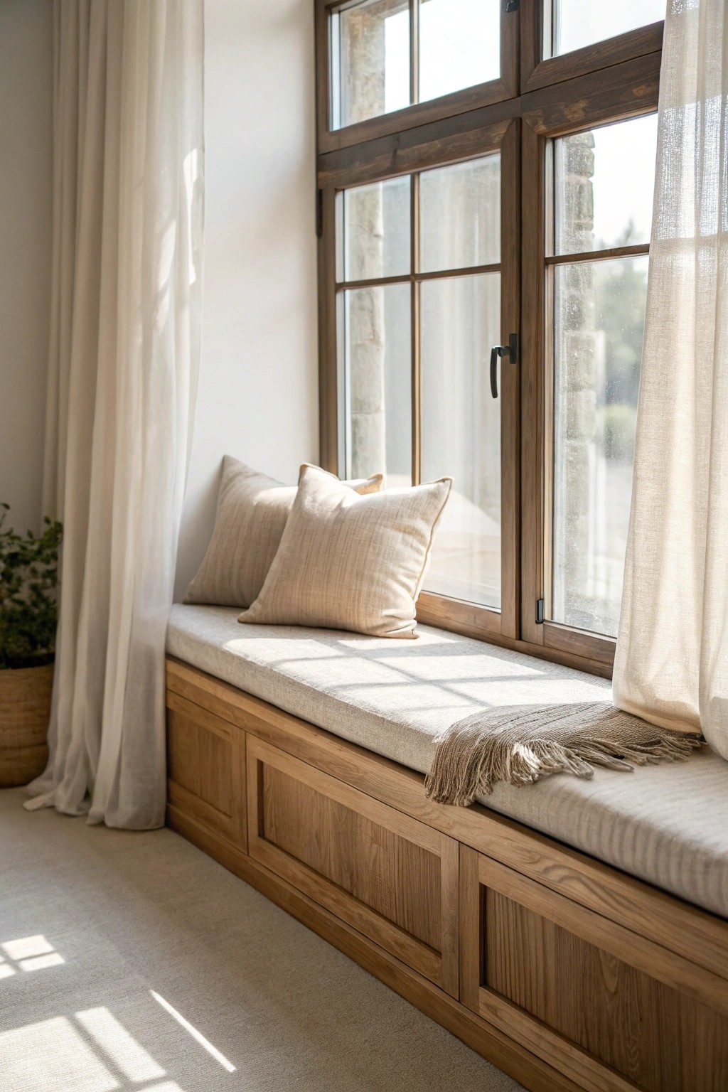 A serene built-in window seat—where simplicity meets comfort.