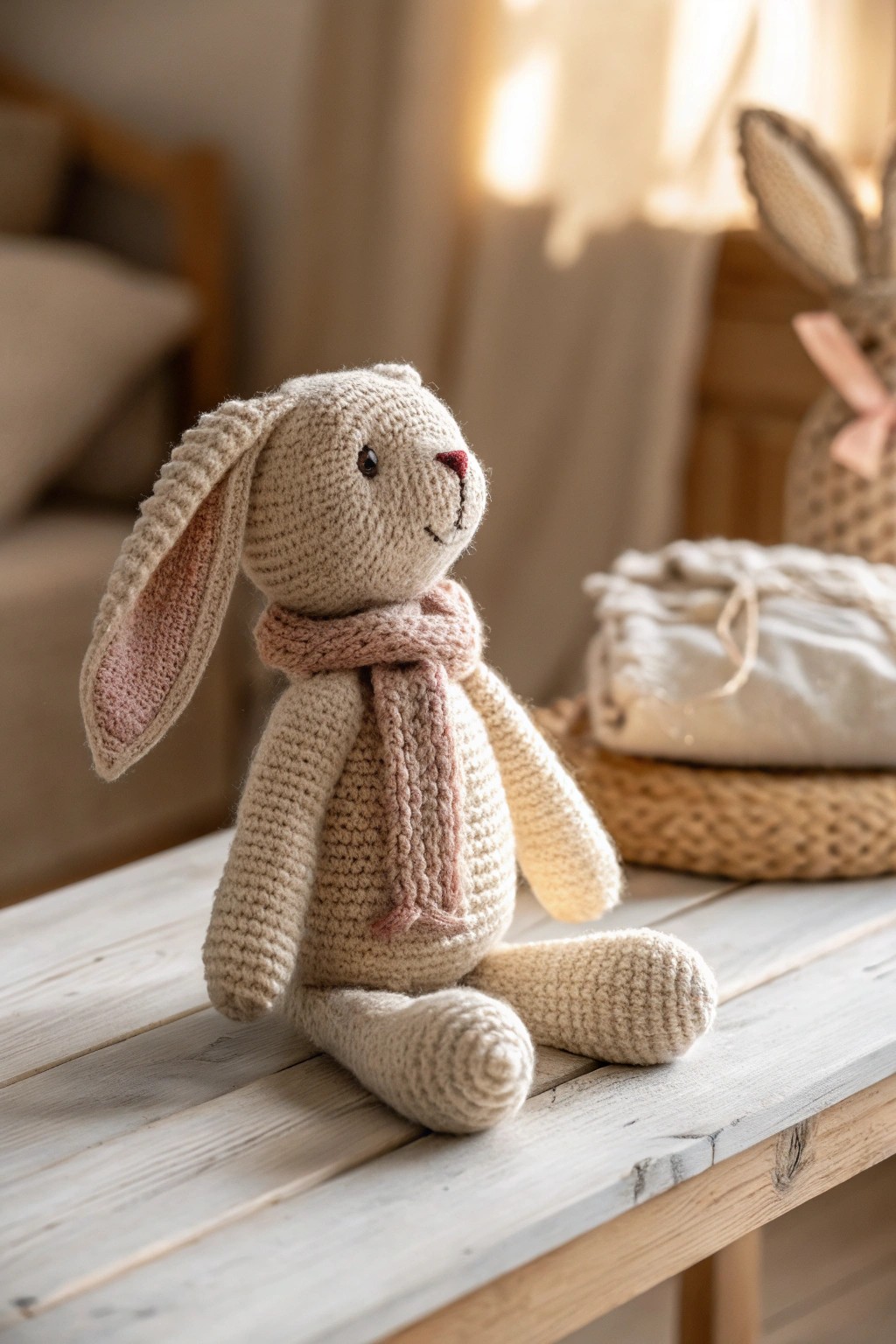 Handcrafted charm: a minimalist knitted bunny, perfect for playful decor.