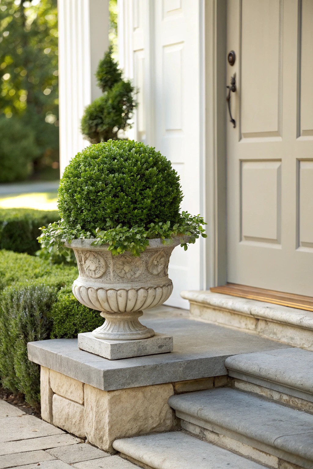 Classic symmetry: a handcrafted planter brings timeless beauty to your front entry.