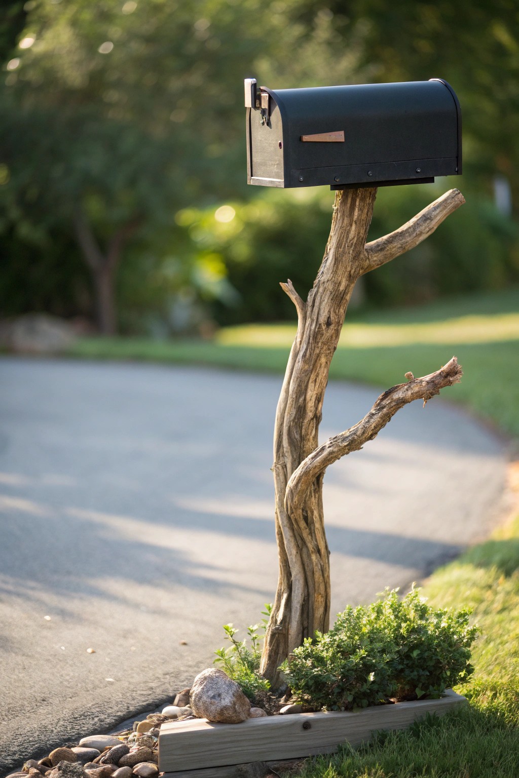 A whimsical mailbox post crafted from a twisty driftwood branch—nature’s artistry at your doorstep.