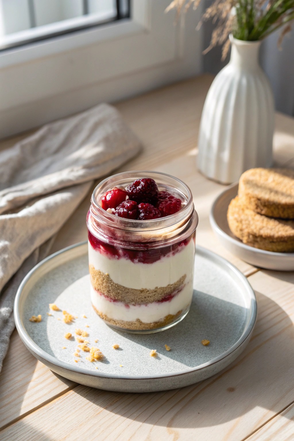 Chic no-bake cheesecake jar: sweet layers, effortless style.
