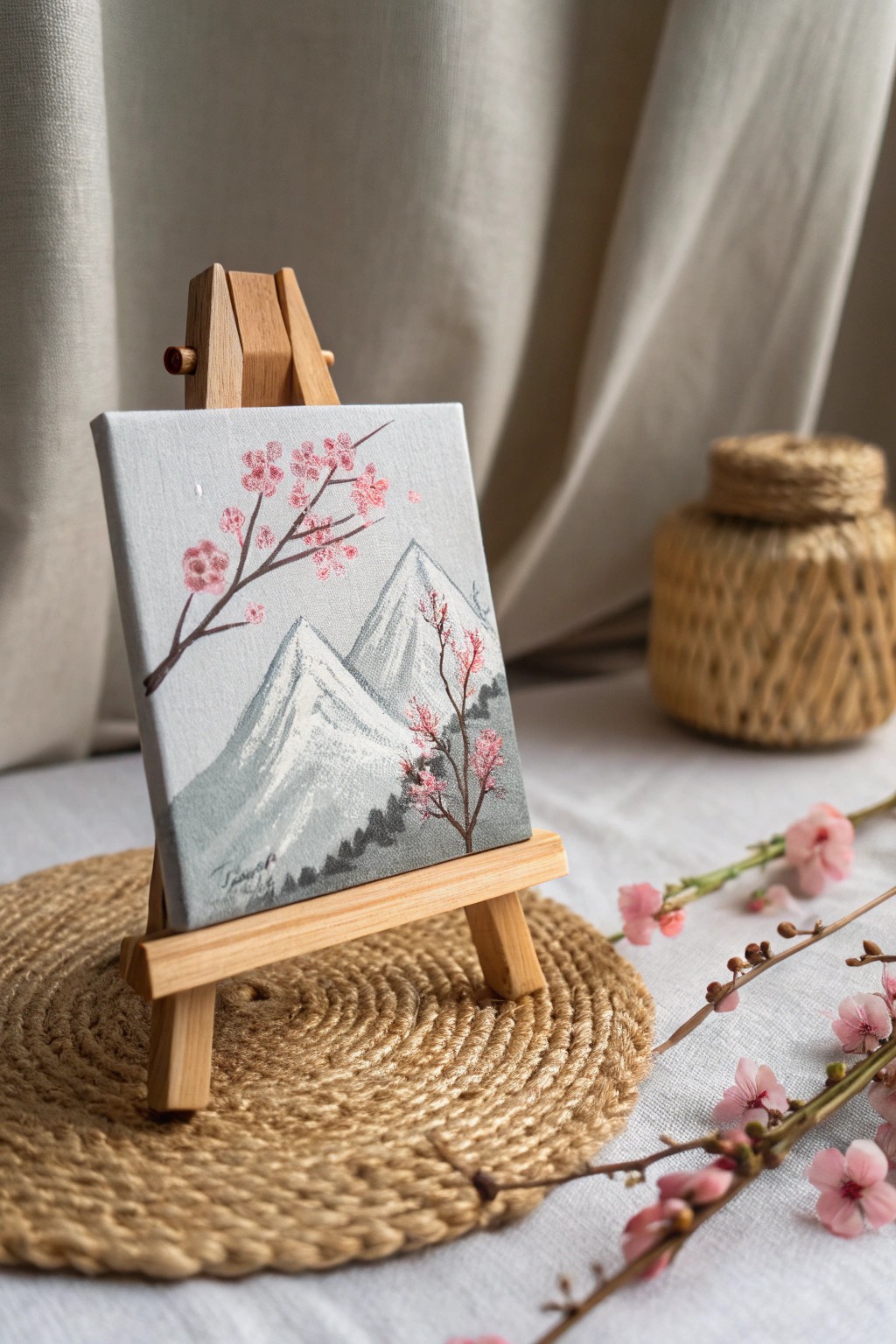 A serene blend of snowy mountains and cherry blossoms—miniature art with natural beauty.