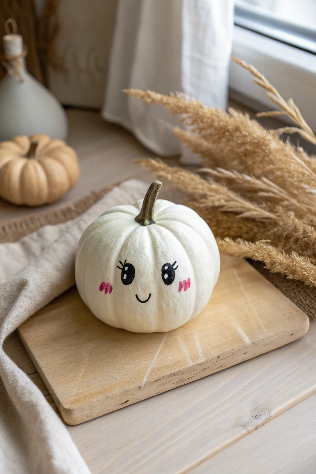 Adorably spooky: a hand-painted ghost face transforms a white mini pumpkin into charming decor.