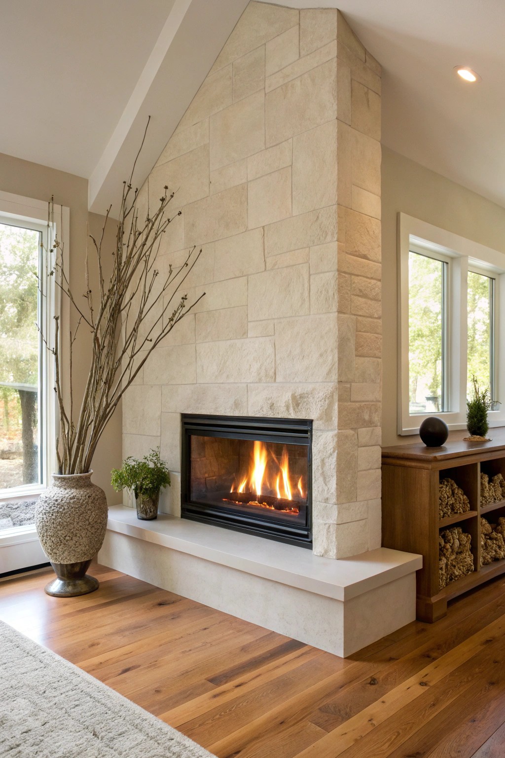 Effortless warmth: A modern corner fireplace transforms any space into a cozy retreat.