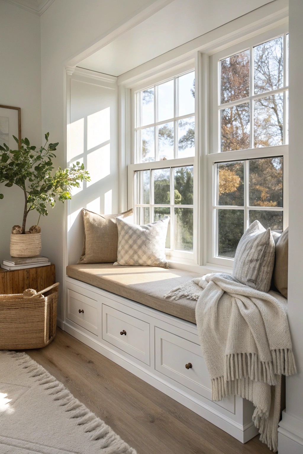Chic window seat with hidden storage—where comfort meets clever design.