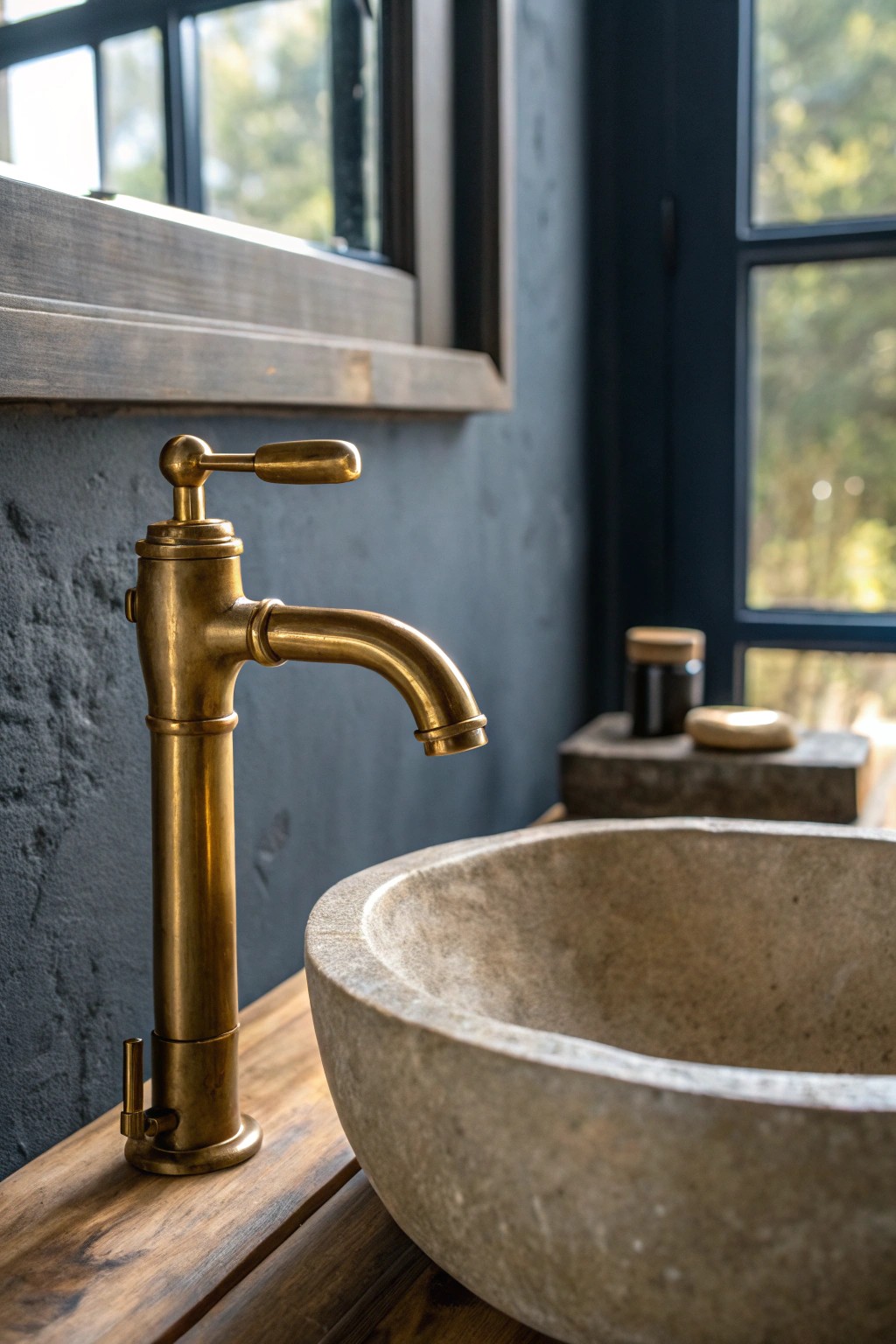 A touch of warmth: brass fixtures glow against moody bathroom hues.