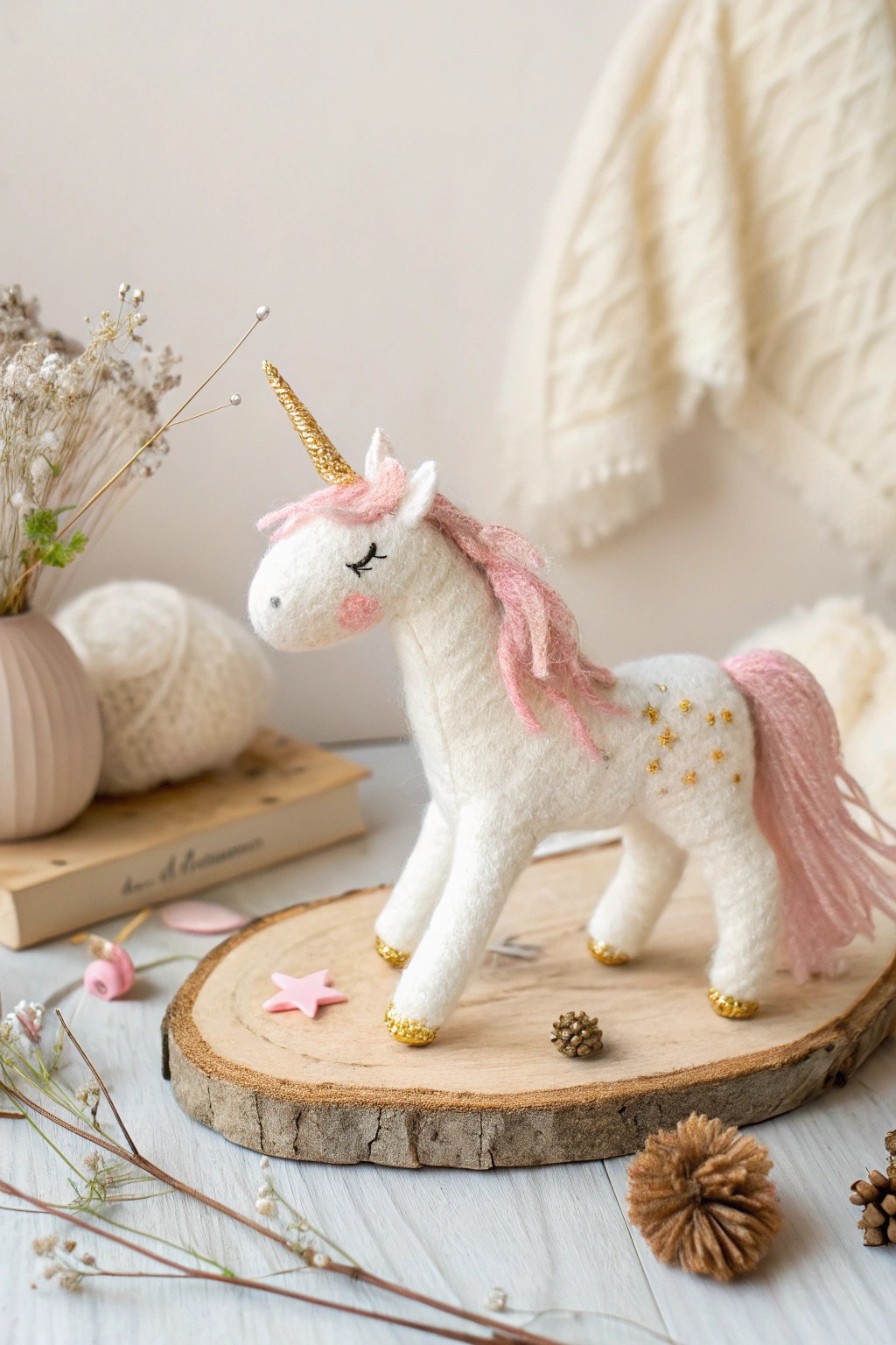 Whimsical needle-felted unicorn—Scandi-minimalist magic for your craft inspiration.