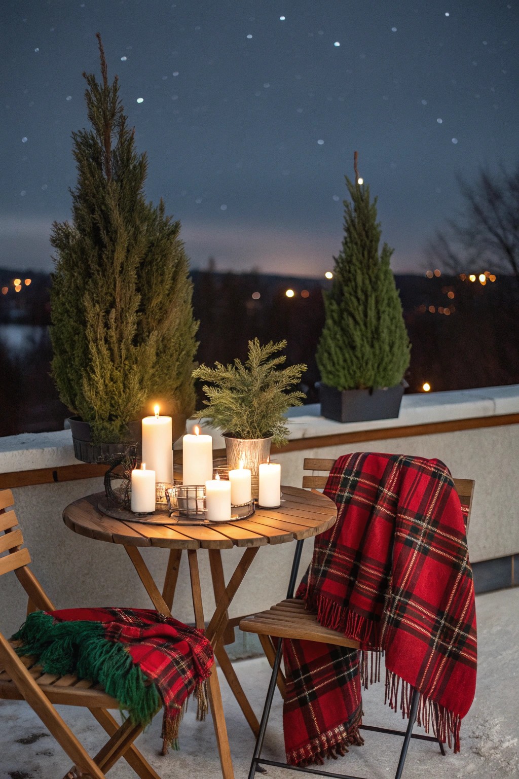 Cozy holiday table: candles, mini trees, and plaid blankets for magical outdoor nights.