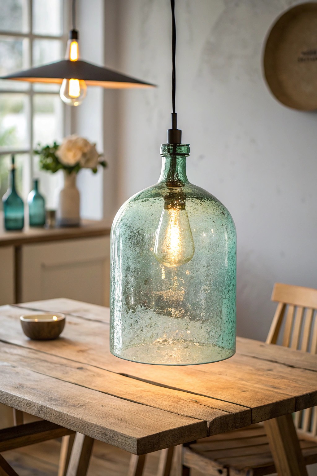 Handcrafted recycled glass pendant: eco-chic lighting with natural charm.