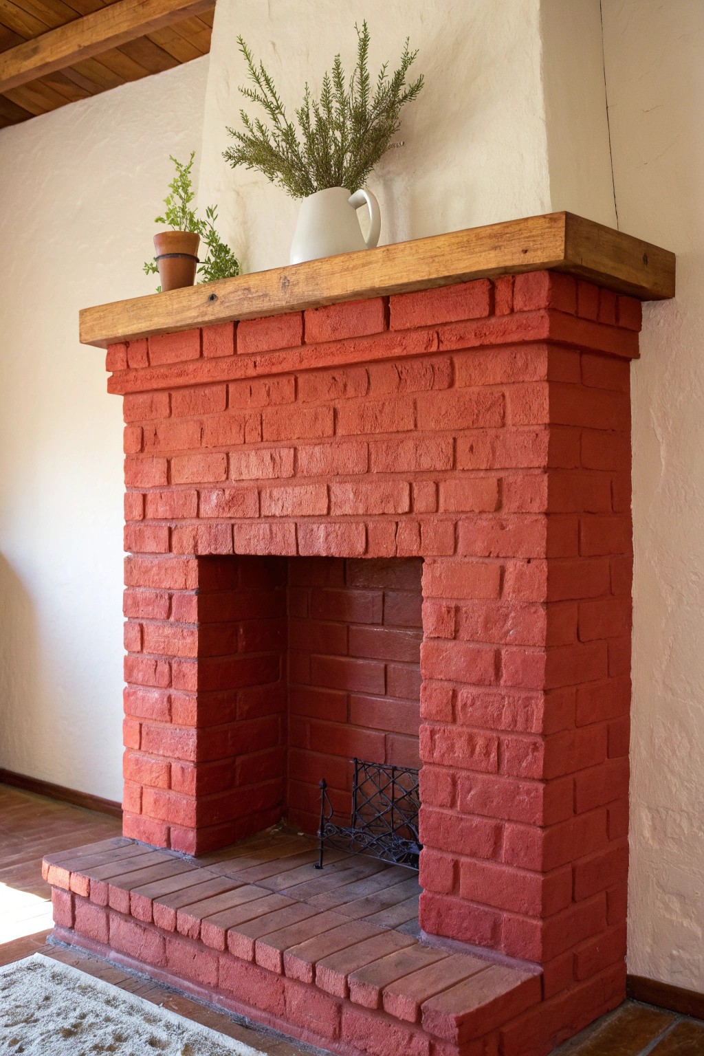 Make a statement with a bold red brick fireplace—where craftsmanship meets vibrant charm.