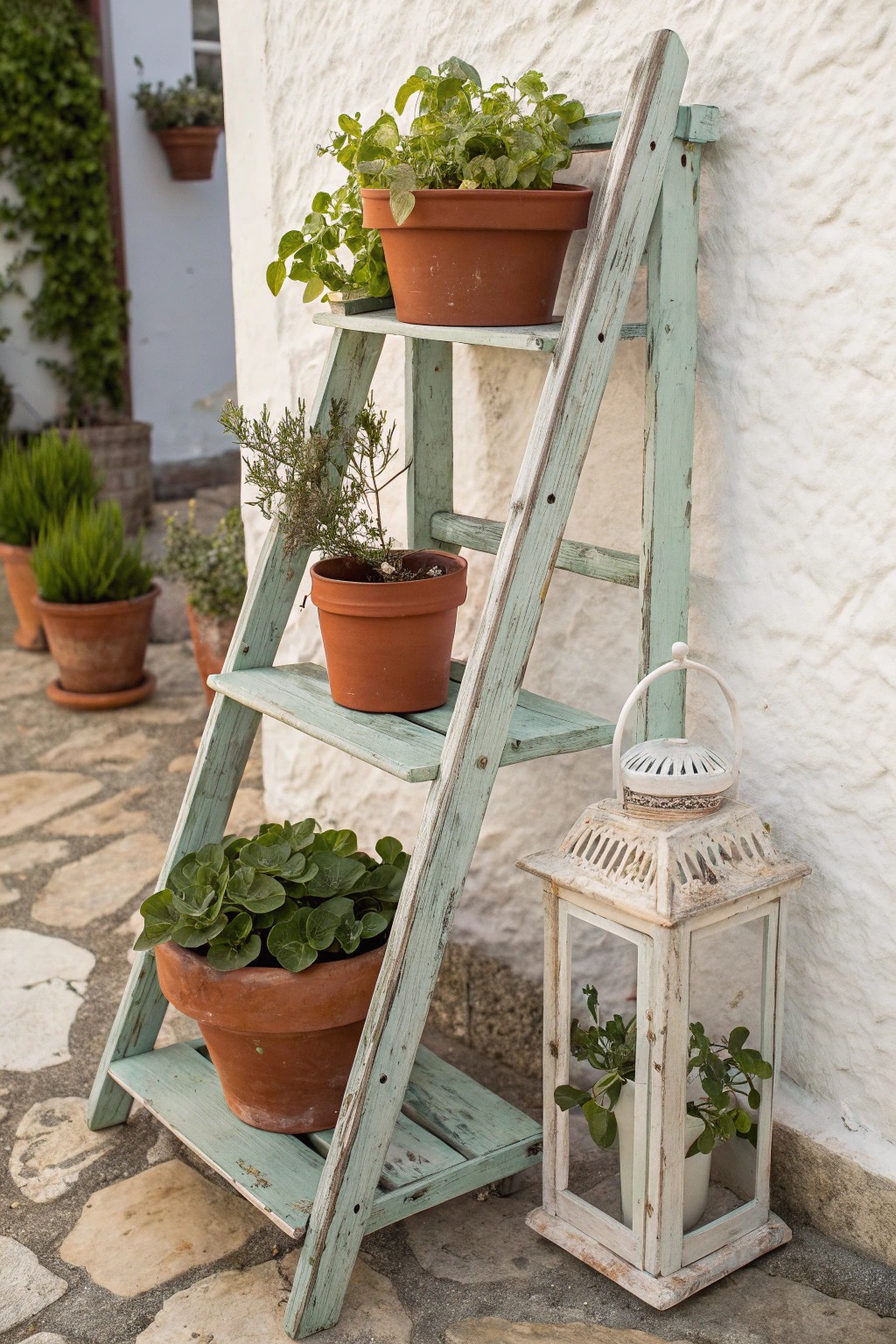 Turn a vintage ladder into a stunning patio plant stand—simple, natural, and full of charm.