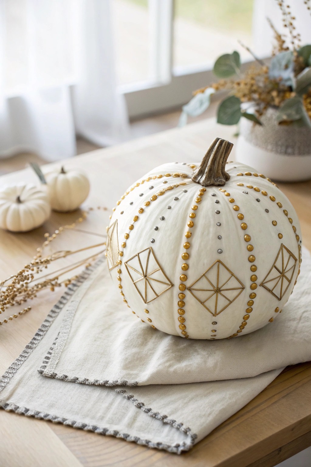 Elevate your autumn decor with a gold and silver thumbtack-studded pumpkin—minimalist, modern, and effortlessly chic.