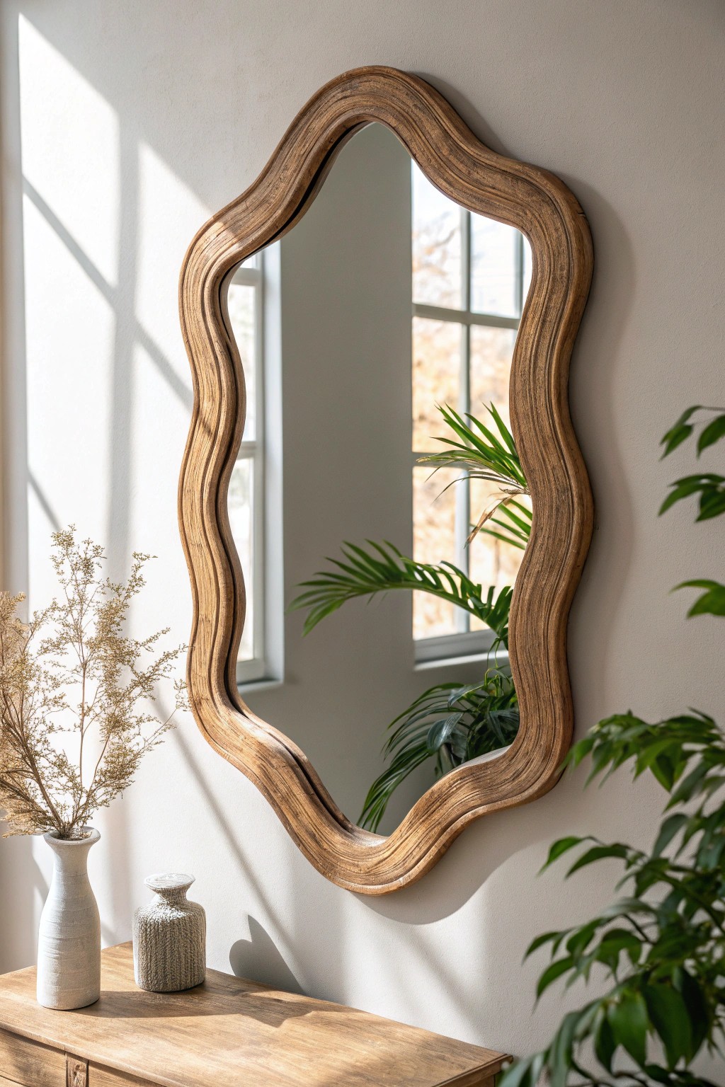 A unique mirror transforms light and space with natural charm.