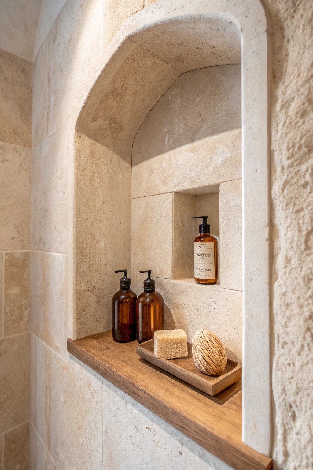 Effortless storage: a handcrafted recessed wall niche keeps essentials beautifully tucked away.