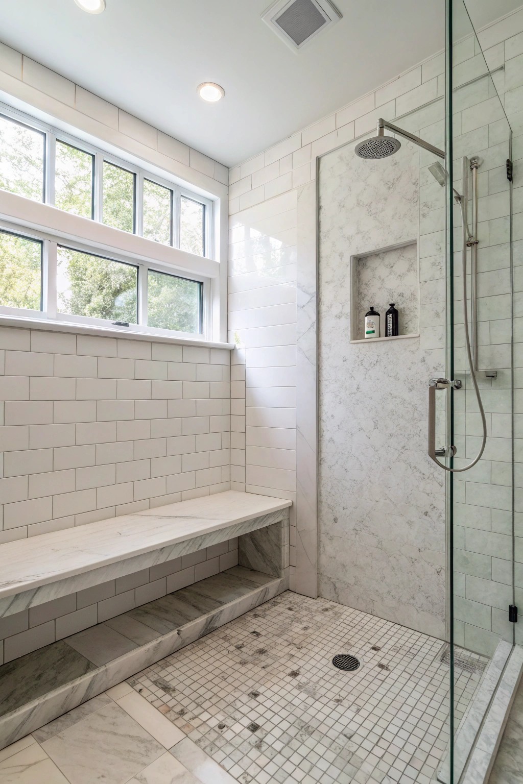 Embrace timeless elegance with a handcrafted stone bench in a serene monochrome walk-in shower.
