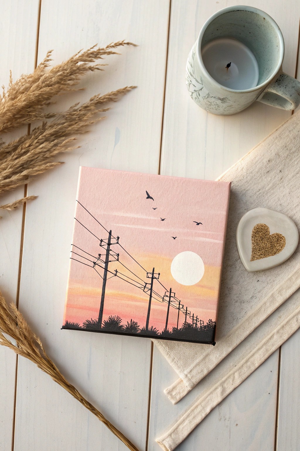Delicate powerline silhouettes meet sunset magic—a small canvas, endless charm.