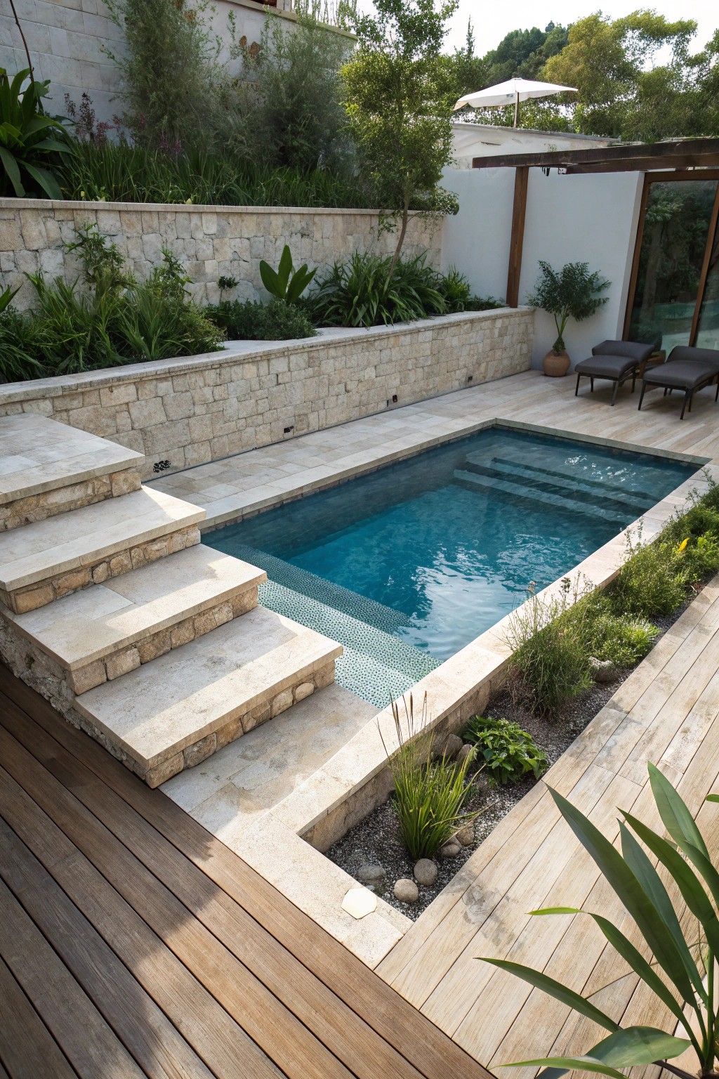 Elevate your backyard with a multi-level pool and sunken lounge.