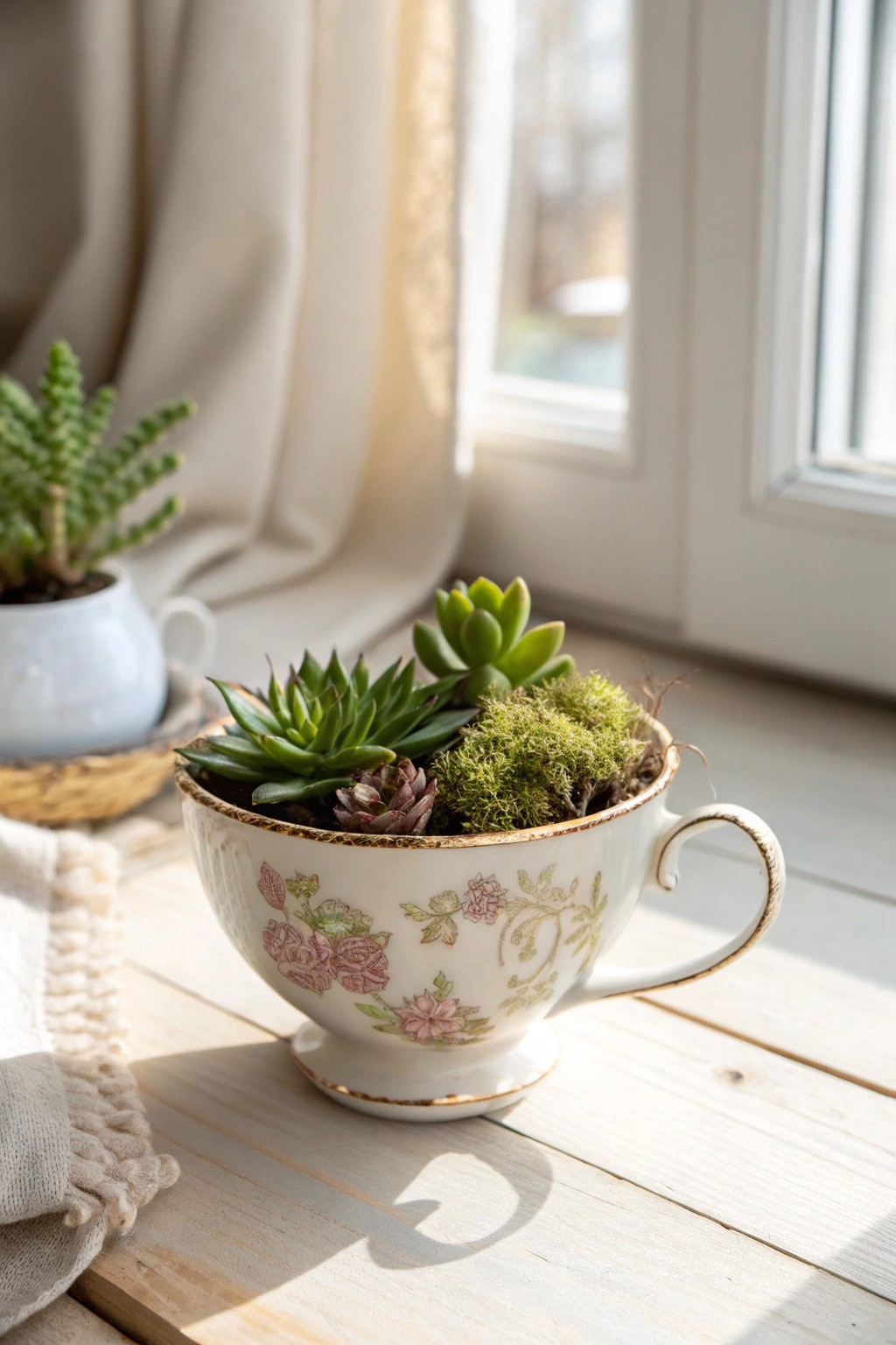 Chic simplicity: a vintage teacup transformed into a charming succulent planter.