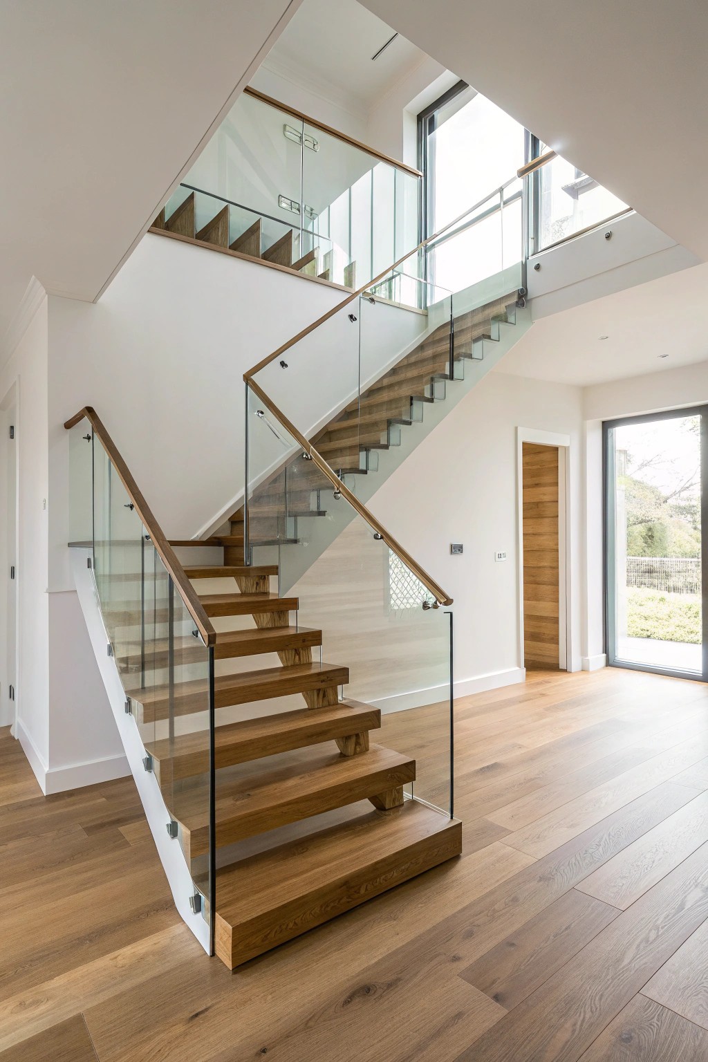 Effortless elegance: a floating staircase with transparent glass railings for a light, modern look.