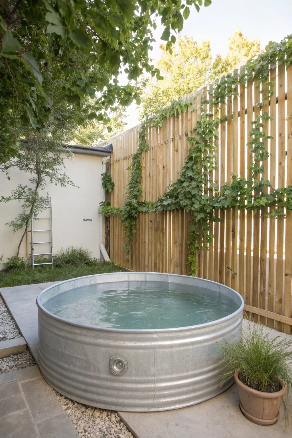 Escape to your own serene privacy paradise with a beautifully secluded stock tank pool.